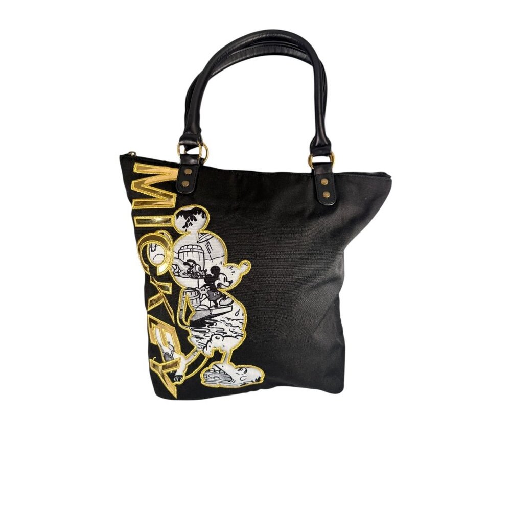 Disney Store Mickey Mouse Black Canvas Tote Bag Gold Applique‎ NWT Zip Top